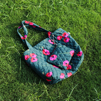 Quilted Green Floral Bag with Zipper Pouch